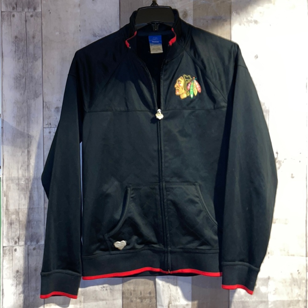 EUC Black hawks Reebok Black and Red Jacket